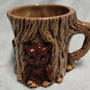 Vintage Owl Tree Trunk Mug Ceramic Woodland Coffee Cup Rustic Cabin Decor